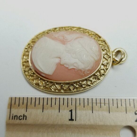Vintage Cameo Pendant, Gold Tone Frame, Pink White Lady Portrait, Estate - Picture 4 of 5